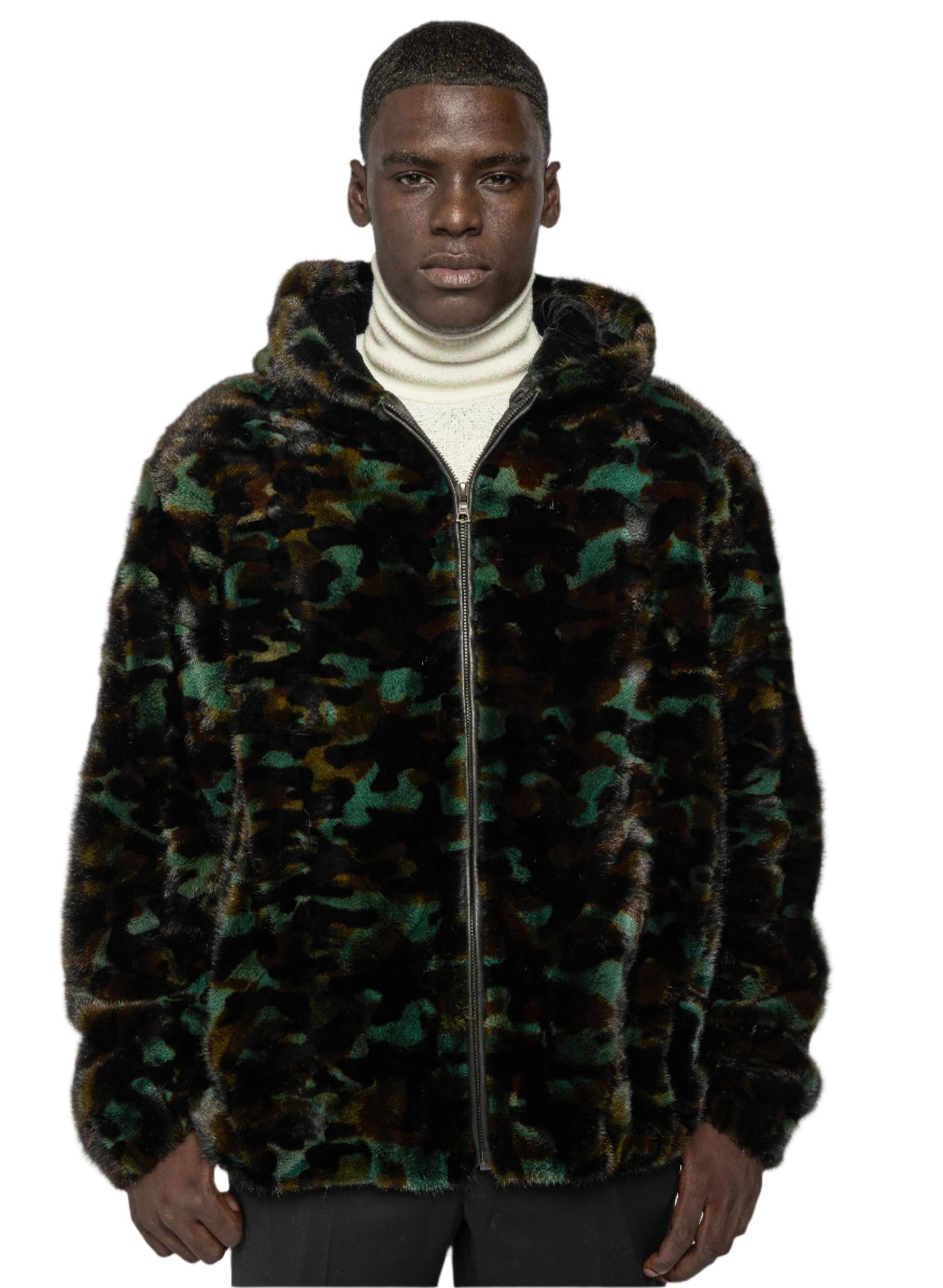 Signature Mink Fur Hooded Bomber in Camoflauge