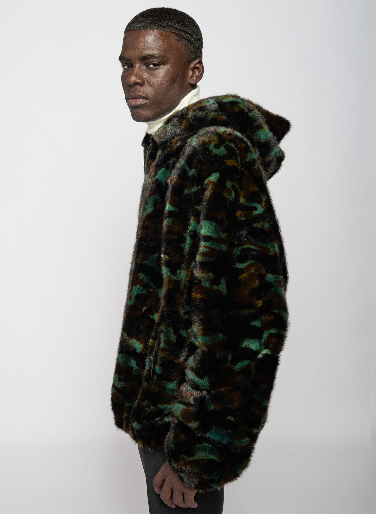 Signature Mink Fur Hooded Bomber in Camoflauge