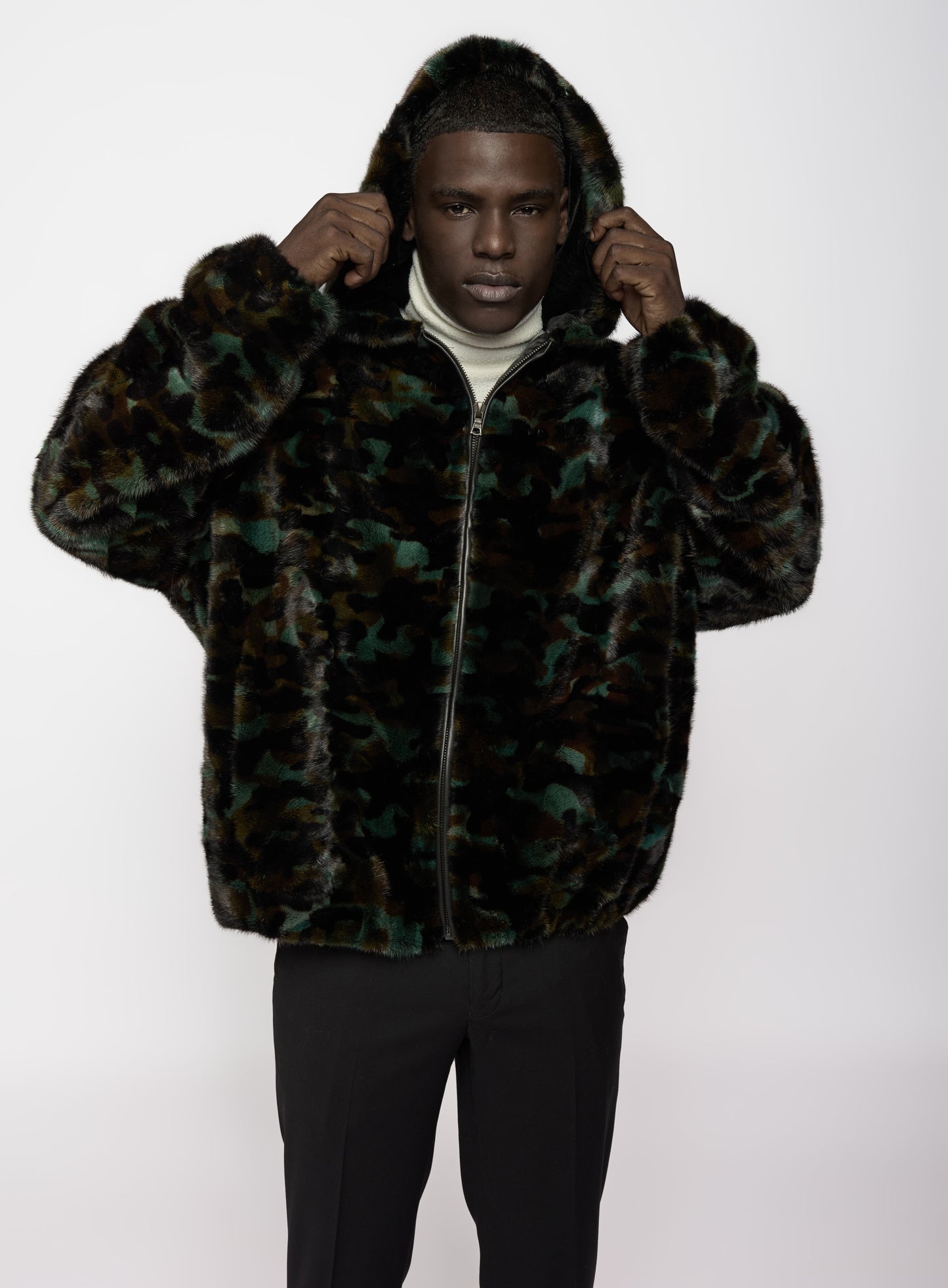Signature Mink Fur Hooded Bomber in Camoflauge
