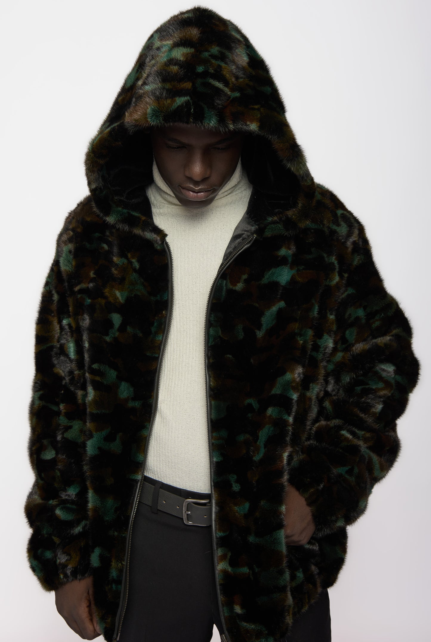 Signature Mink Fur Hooded Bomber in Camoflauge
