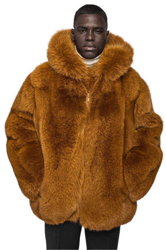 Cognac Fox Fur Hooded Bomber