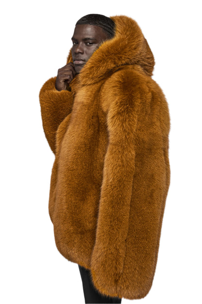 Cognac Fox Fur Hooded Bomber