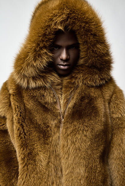 Cognac Fox Fur Hooded Bomber